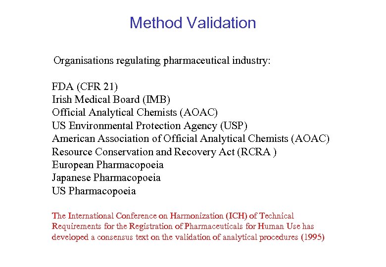 Method Validation Organisations regulating pharmaceutical industry: FDA (CFR 21) Irish Medical Board (IMB) Official