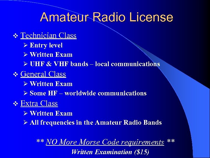 Amateur Radio License v Technician Class Ø Entry level Ø Written Exam Ø UHF