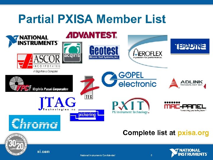 Partial PXISA Member List Complete list at pxisa. org National Instruments Confidential 5 
