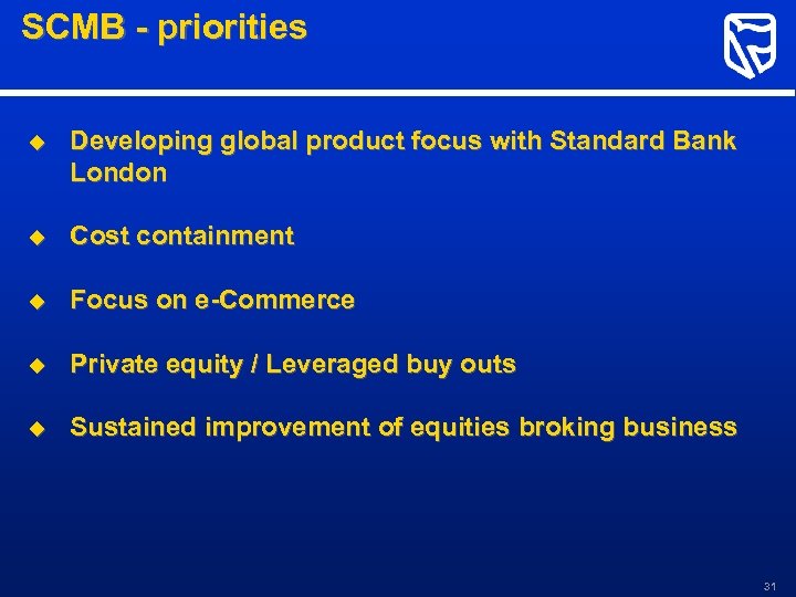 SCMB - priorities u Developing global product focus with Standard Bank London u Cost