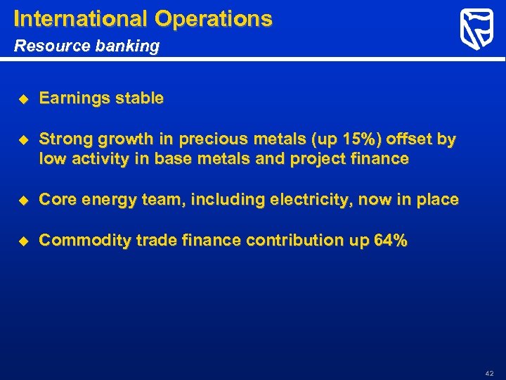 International Operations Resource banking u Earnings stable u Strong growth in precious metals (up