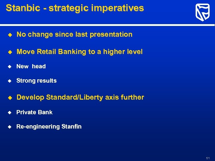 Stanbic - strategic imperatives u No change since last presentation u Move Retail Banking