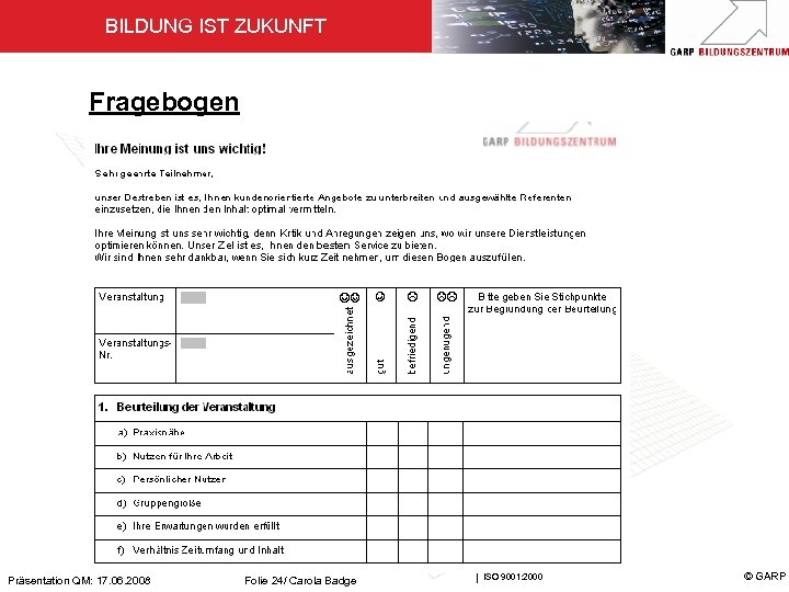 BILDUNG IST ZUKUNFT Fragebogen Präsentation QM: 17. 06. 2008 Folie 24/ Carola Badge Zertifiziert