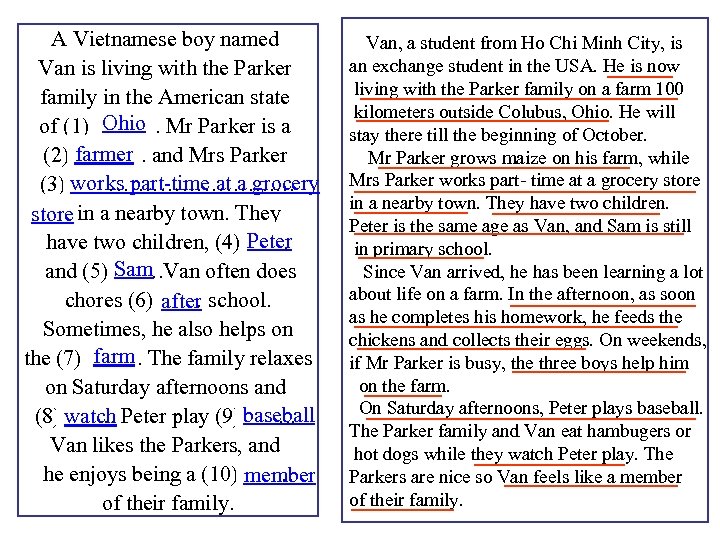 A Vietnamese boy named Van is living with the Parker family in the American