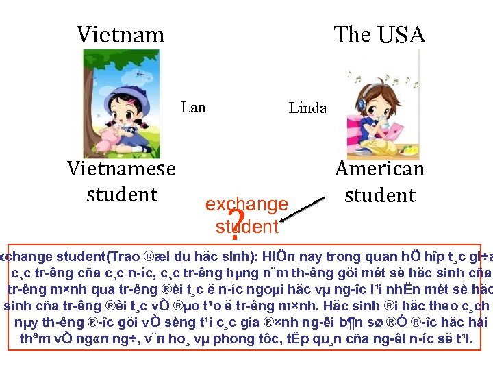 Vietnam The USA Lan Vietnamese student Linda exchange student ? American student xchange student(Trao