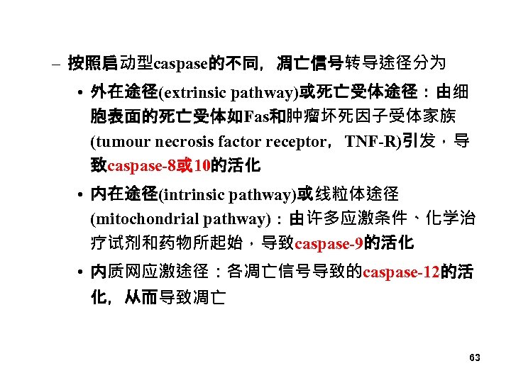 – 按照启动型caspase的不同，凋亡信号转导途径分为 • 外在途径(extrinsic pathway)或死亡受体途径：由细 胞表面的死亡受体如Fas和肿瘤坏死因子受体家族 (tumour necrosis factor receptor，TNF-R)引发，导 致caspase-8或 10的活化 • 内在途径(intrinsic