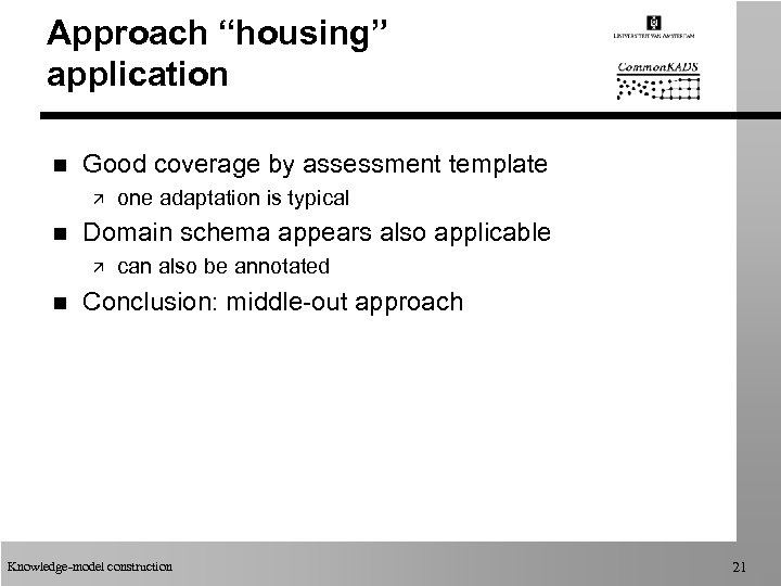 Approach “housing” application n Good coverage by assessment template ä n Domain schema appears