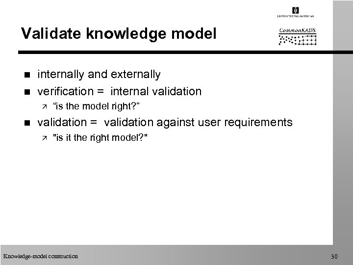 Validate knowledge model n n internally and externally verification = internal validation ä n