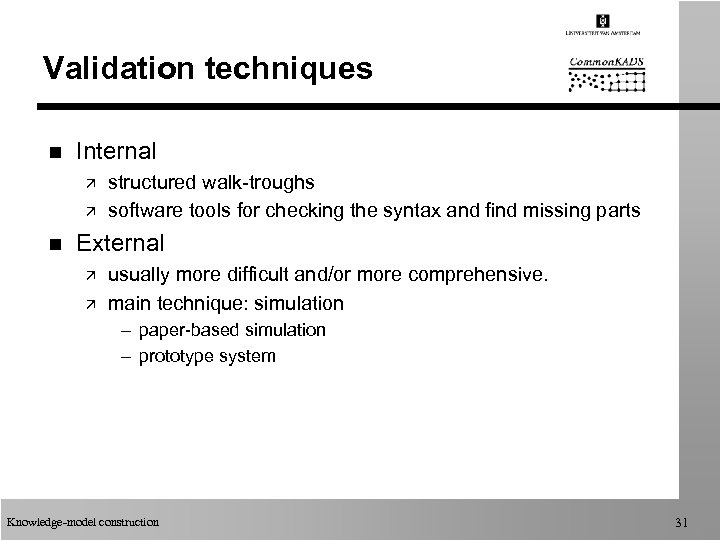 Validation techniques n Internal ä ä n structured walk-troughs software tools for checking the