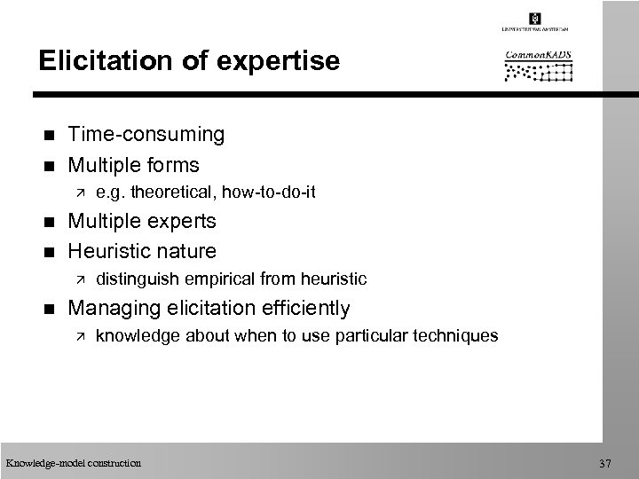 Elicitation of expertise n n Time-consuming Multiple forms ä n n Multiple experts Heuristic