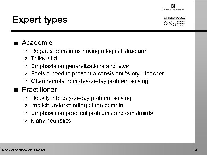 Expert types n Academic ä ä ä n Regards domain as having a logical