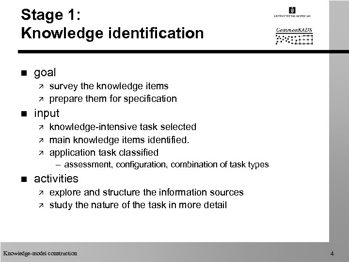 Stage 1: Knowledge identification n goal ä ä n survey the knowledge items prepare