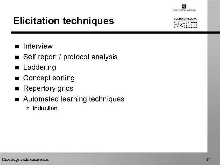 Elicitation techniques n n n Interview Self report / protocol analysis Laddering Concept sorting