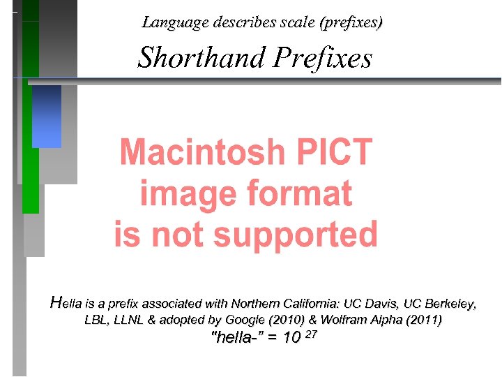 Language describes scale (prefixes) Shorthand Prefixes Hella is a prefix associated with Northern California: