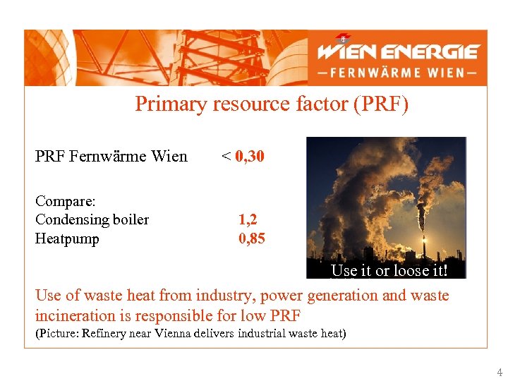 Primary resource factor (PRF) PRF Fernwärme Wien Compare: Condensing boiler Heatpump < 0, 30