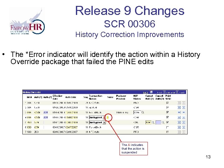 Release 9 Changes SCR 00306 History Correction Improvements • The *Error indicator will identify