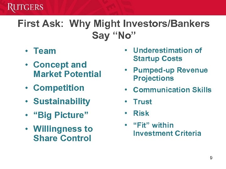 First Ask: Why Might Investors/Bankers Say “No” • Team • Concept and Market Potential