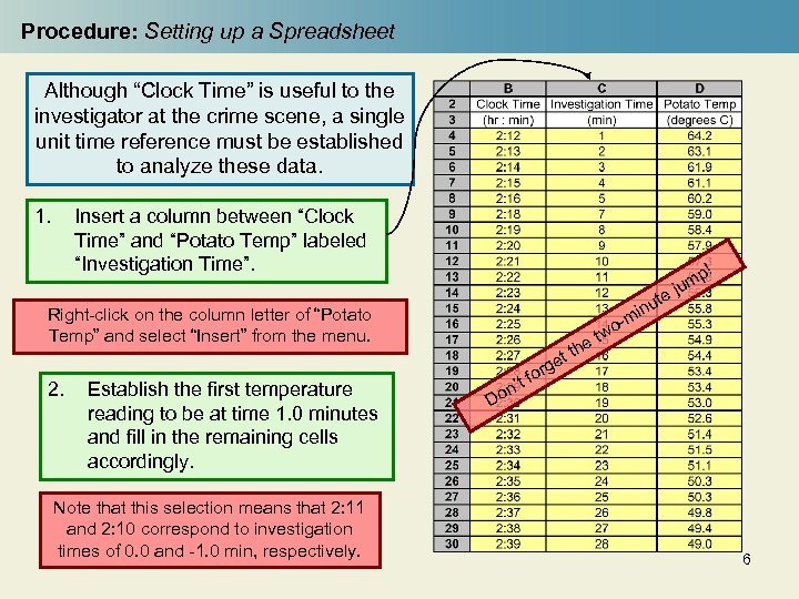 Procedure: Setting up a Spreadsheet Although “Clock Time” is useful to the investigator at