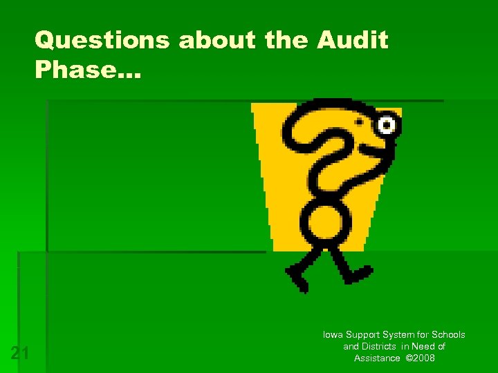 Questions about the Audit Phase… 21 Iowa Support System for Schools and Districts in