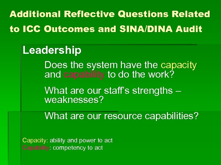 Additional Reflective Questions Related to ICC Outcomes and SINA/DINA Audit Leadership Does the system