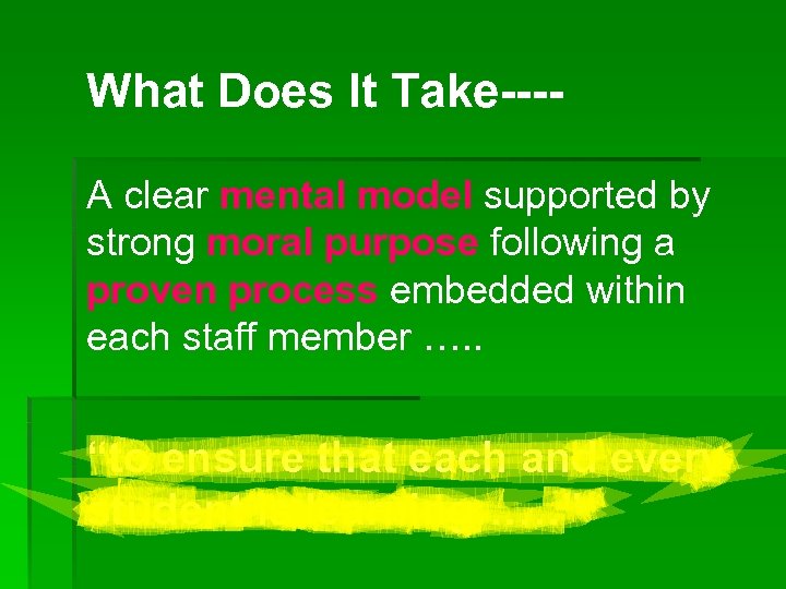 What Does It Take---A clear mental model supported by strong moral purpose following a