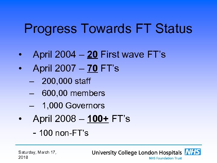 Progress Towards FT Status • • April 2004 – 20 First wave FT’s April