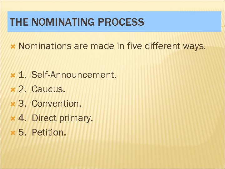 THE NOMINATING PROCESS Nominations 1. 2. 3. 4. 5. are made in five different