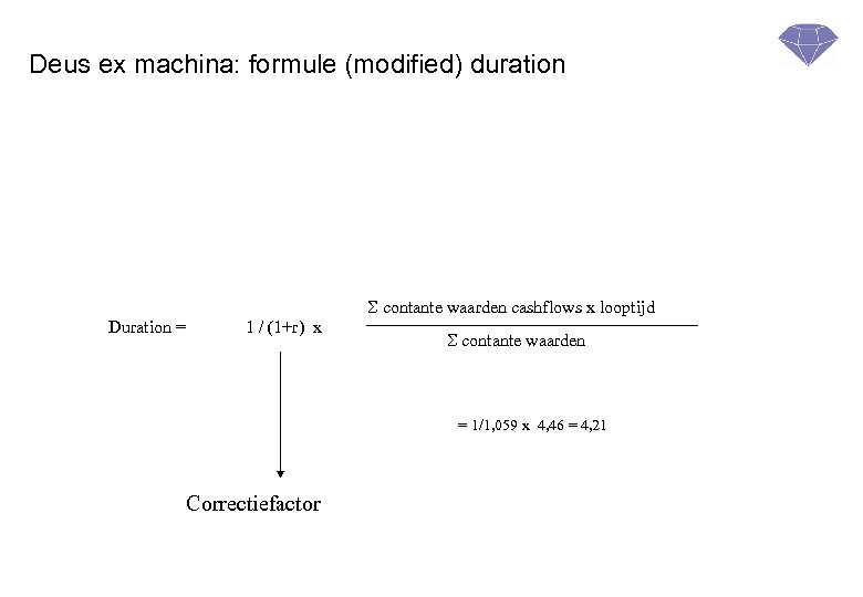 Deus ex machina: formule (modified) duration contante waarden cashflows x looptijd Duration = 1