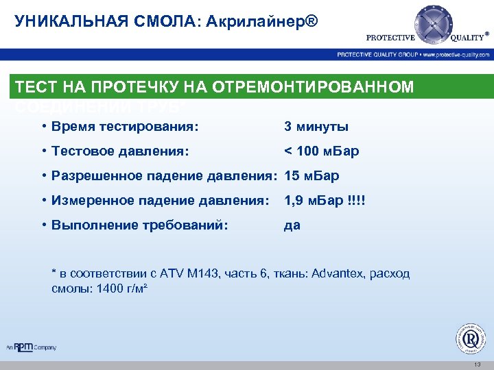 УНИКАЛЬНАЯ СМОЛА: Акрилайнер® ТЕСТ НА ПРОТЕЧКУ НА ОТРЕМОНТИРОВАННОМ СОЕДИНЕНИИ ТРУБ* • Время тестирования: 3