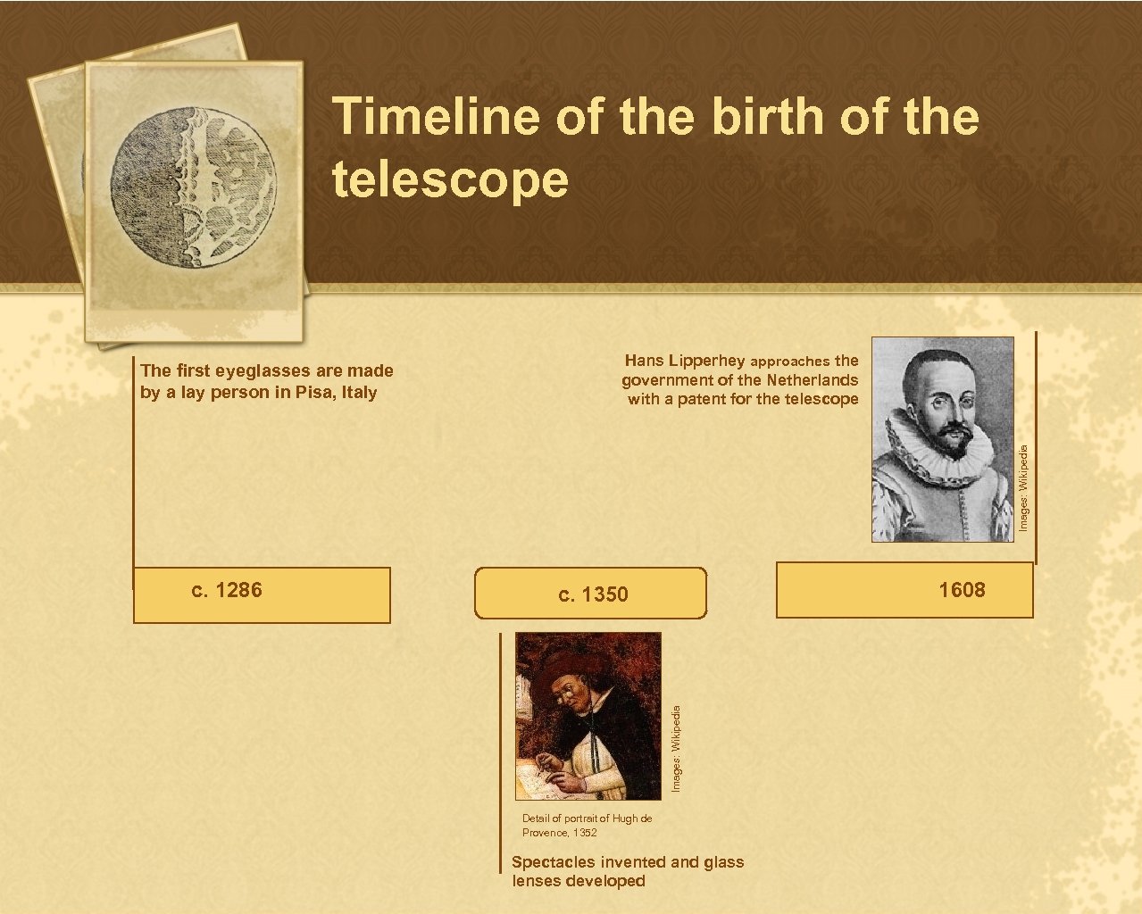 Timeline of the birth of the telescope Hans Lipperhey approaches the government of the