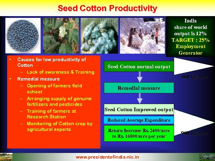 Seed Cotton Productivity India share of world output is 12% TARGET : 25% Employment