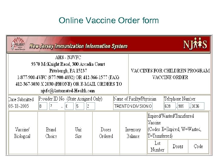 Online Vaccine Order form 