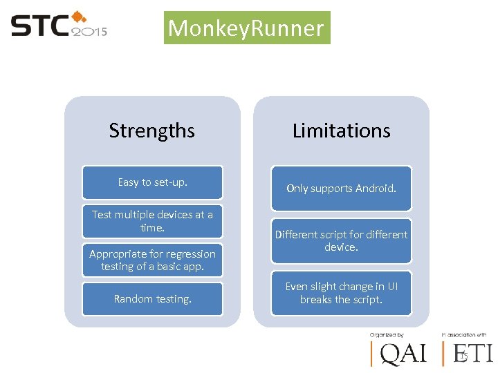 Monkey. Runner Strengths Easy to set-up. Test multiple devices at a time. Appropriate for