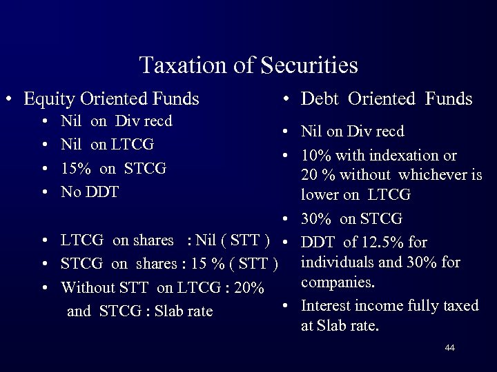 Taxation of Securities • Equity Oriented Funds • • • Debt Oriented Funds Nil