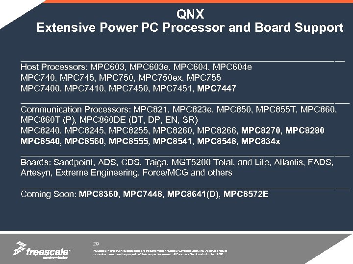 QNX Extensive Power PC Processor and Board Support _________________________________ Host Processors: MPC 603, MPC