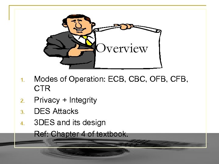 Overview 1. 2. 3. 4. Modes of Operation: ECB, CBC, OFB, CTR Privacy +