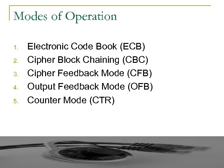 Modes of Operation 1. 2. 3. 4. 5. Electronic Code Book (ECB) Cipher Block