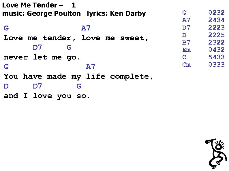 Love Me Tender – 1 music: George Poulton lyrics: Ken Darby G A 7