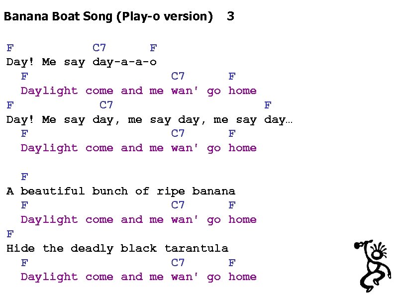 Banana Boat Song (Play-o version) 3 F C 7 F Day! Me say day-a-a-o