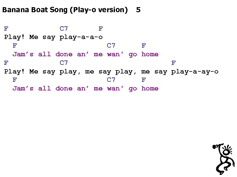 Banana Boat Song (Play-o version) 5 F C 7 F Play! Me say play-a-a-o