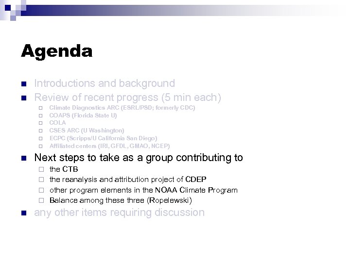 Agenda n n Introductions and background Review of recent progress (5 min each) ¨