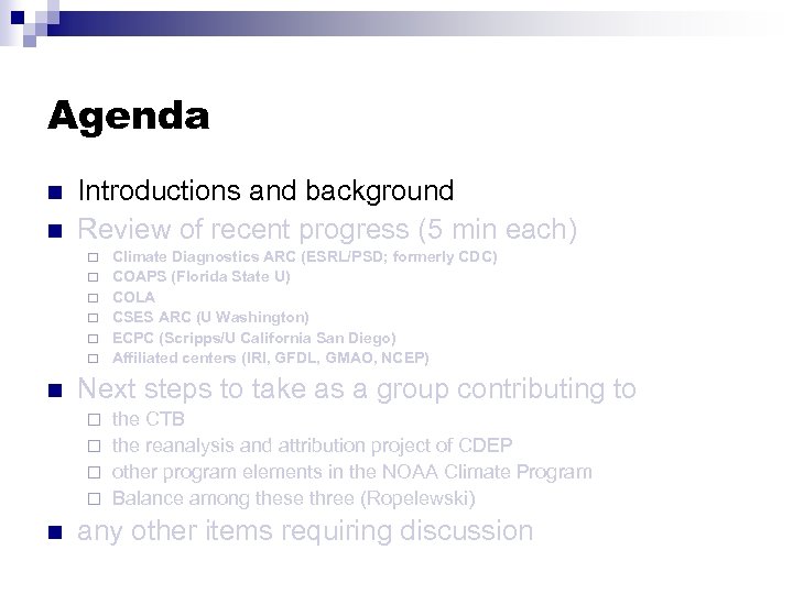 Agenda n n Introductions and background Review of recent progress (5 min each) ¨