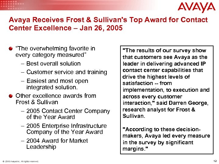 Avaya Receives Frost & Sullivan's Top Award for Contact Center Excellence – Jan 26,