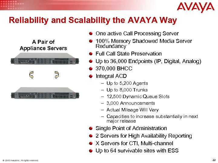 Reliability and Scalability the AVAYA Way A Pair of Appliance Servers One active Call