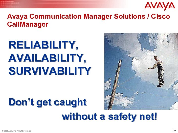 Avaya Communication Manager Solutions / Cisco Call. Manager RELIABILITY, AVAILABILITY, SURVIVABILITY Don’t get caught