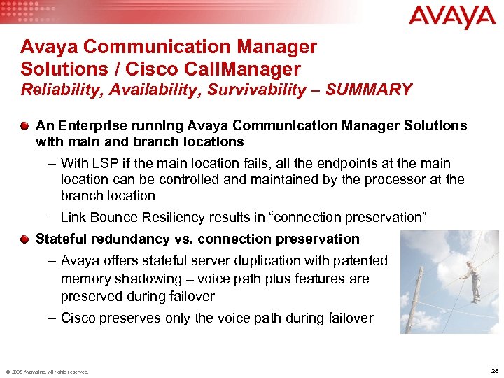 Avaya Communication Manager Solutions / Cisco Call. Manager Reliability, Availability, Survivability – SUMMARY An