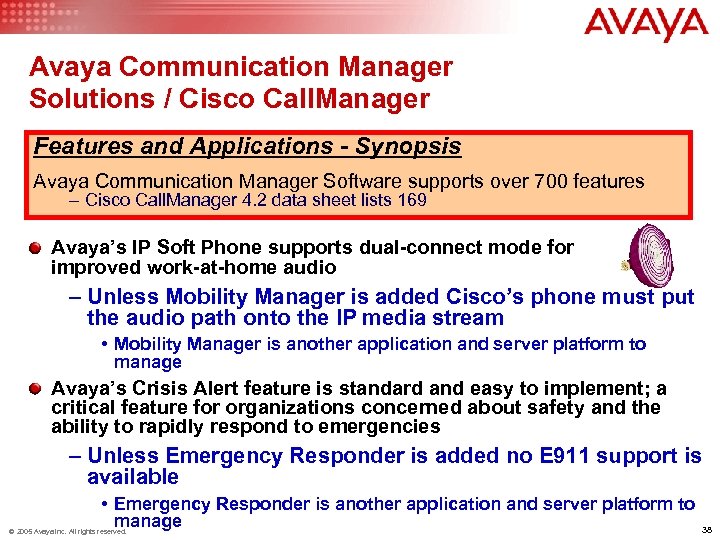 Avaya Communication Manager Solutions / Cisco Call. Manager Features and Applications - Synopsis Avaya