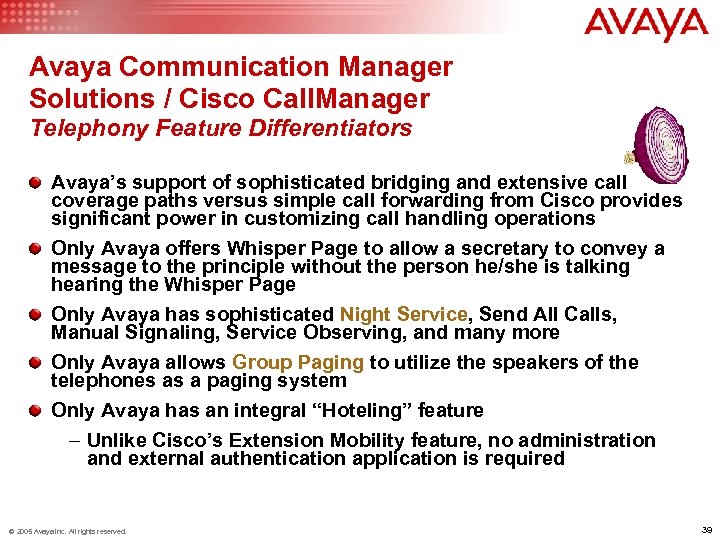 Avaya Communication Manager Solutions / Cisco Call. Manager Telephony Feature Differentiators Avaya’s support of
