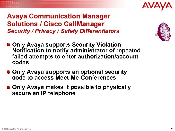Avaya Communication Manager Solutions / Cisco Call. Manager Security / Privacy / Safety Differentiators