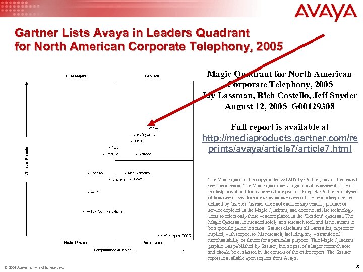 Gartner Lists Avaya in Leaders Quadrant for North American Corporate Telephony, 2005 Magic Quadrant